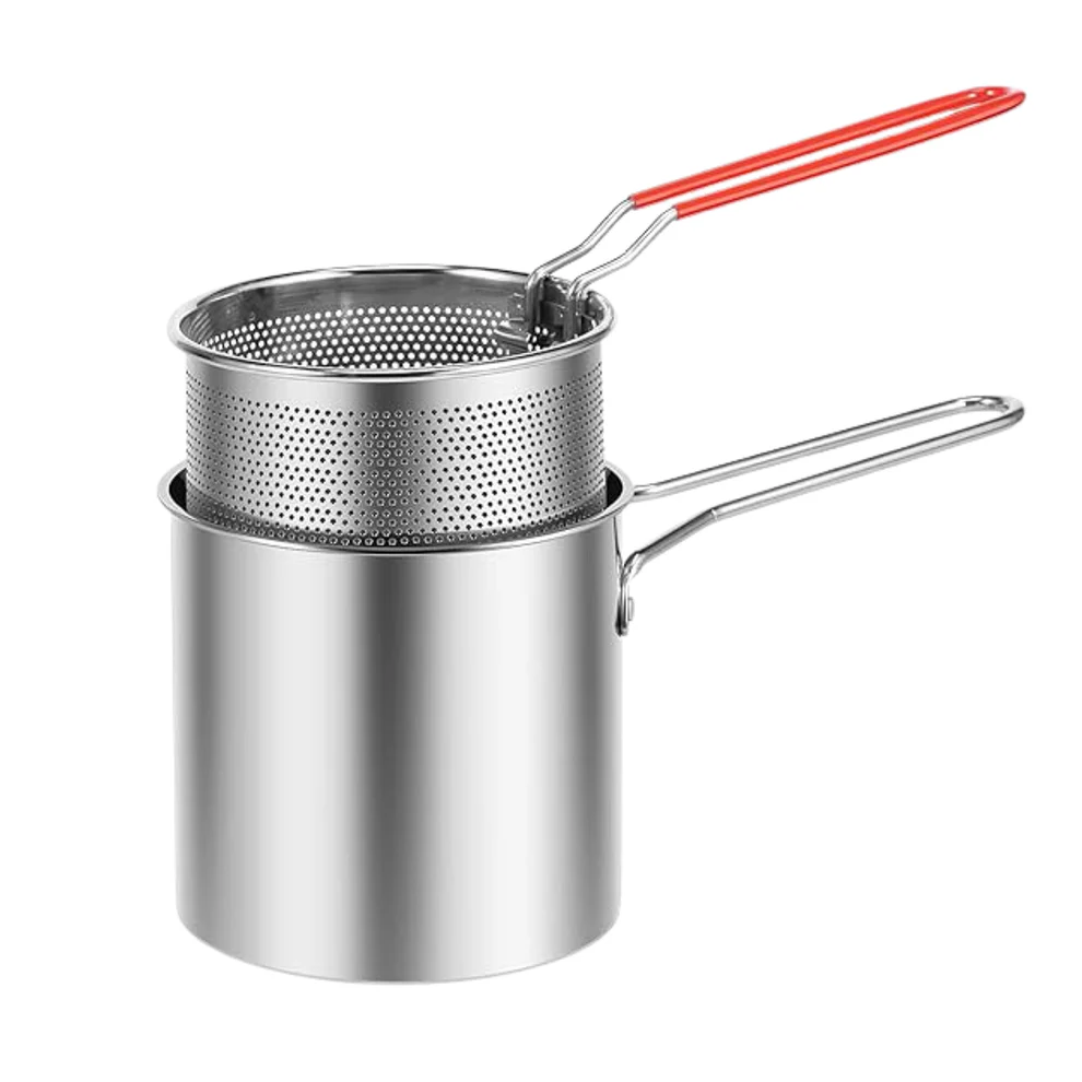 deep fry Deep Frying Pot With Basket Small Deep Frying Pot With Basket 1200Ml Stainless Steel Fryer Pot With Long Handle Mini Deep Oil Fryer For French Fries/Shrimp/Fish/Chicken Wings (1-Pcs)